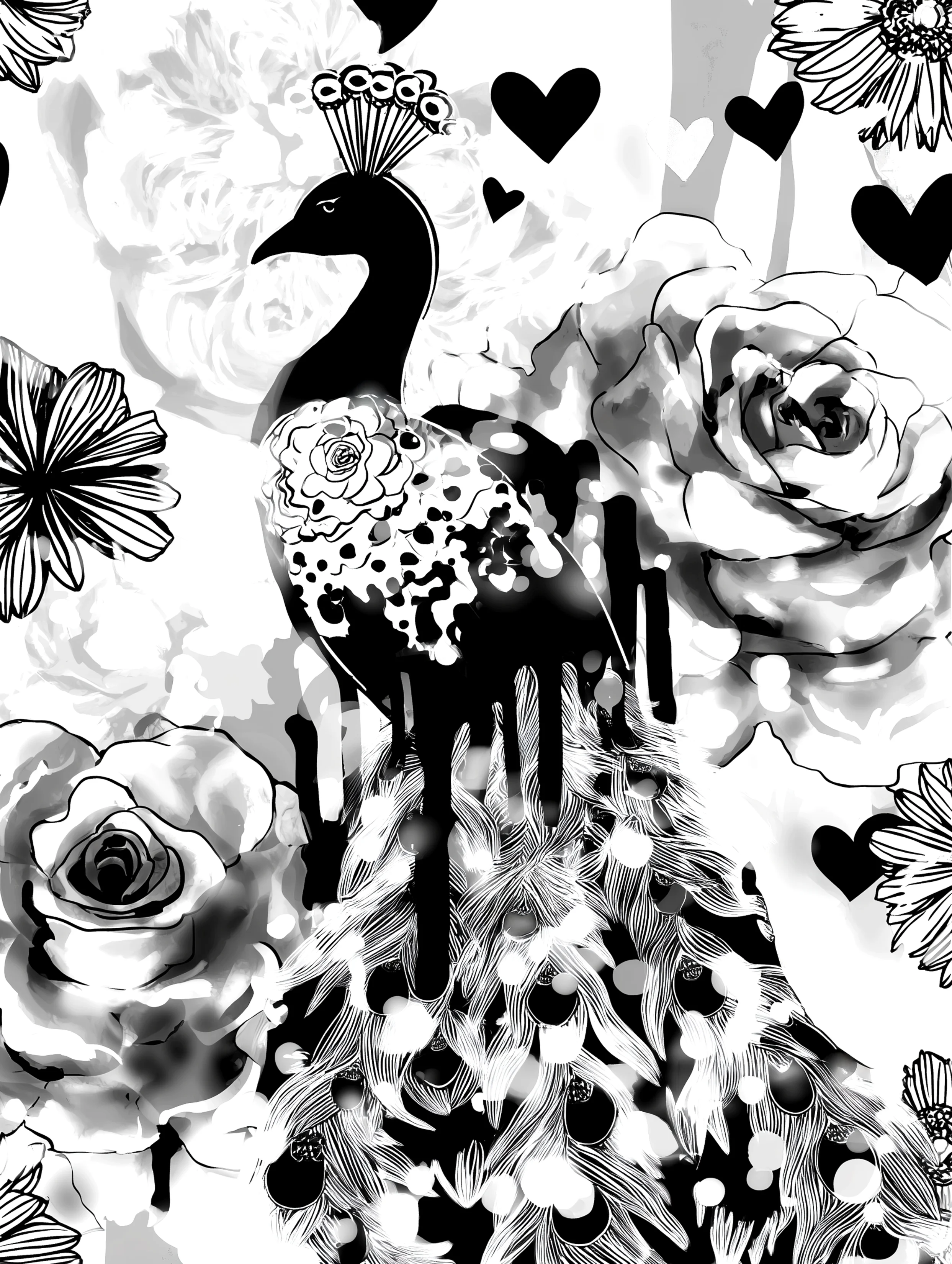 Free printable coloring page of peacock for adults featuring dark peacock